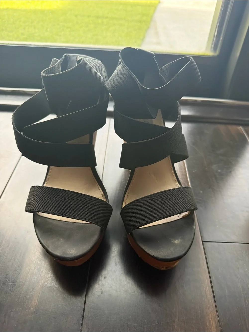 Steve Madden Black Elastic Strap Wedge Sandals